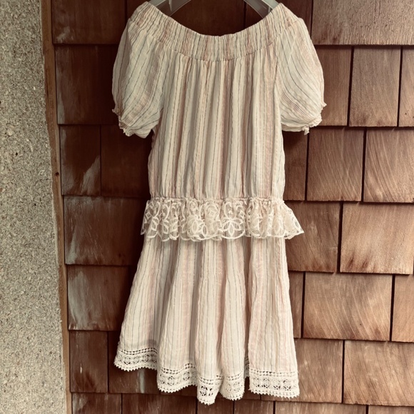 Chloe Laetitia Paris L Peasant Striped Gauze Romper Lace  Crochet Off Shoulder - Picture 11 of 16